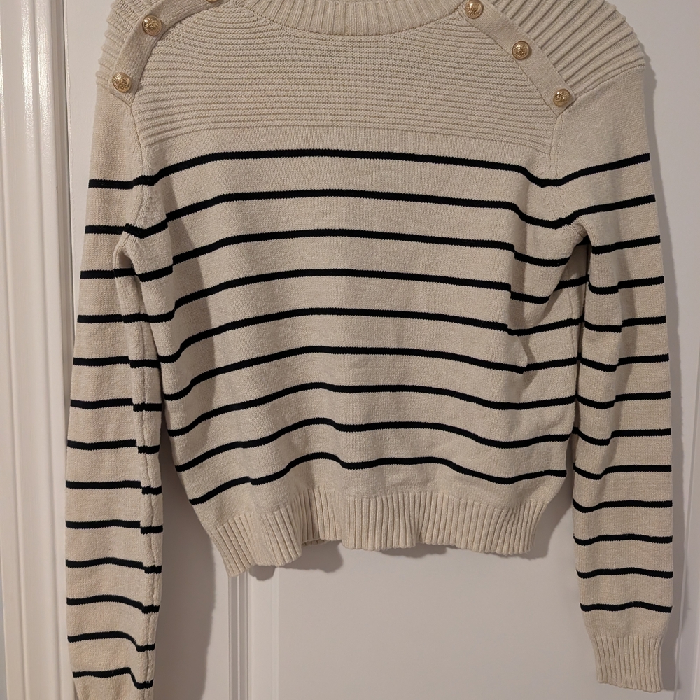 SHEIN Cream and Black Striped Dropped Shoulder Sweater with Button Accents